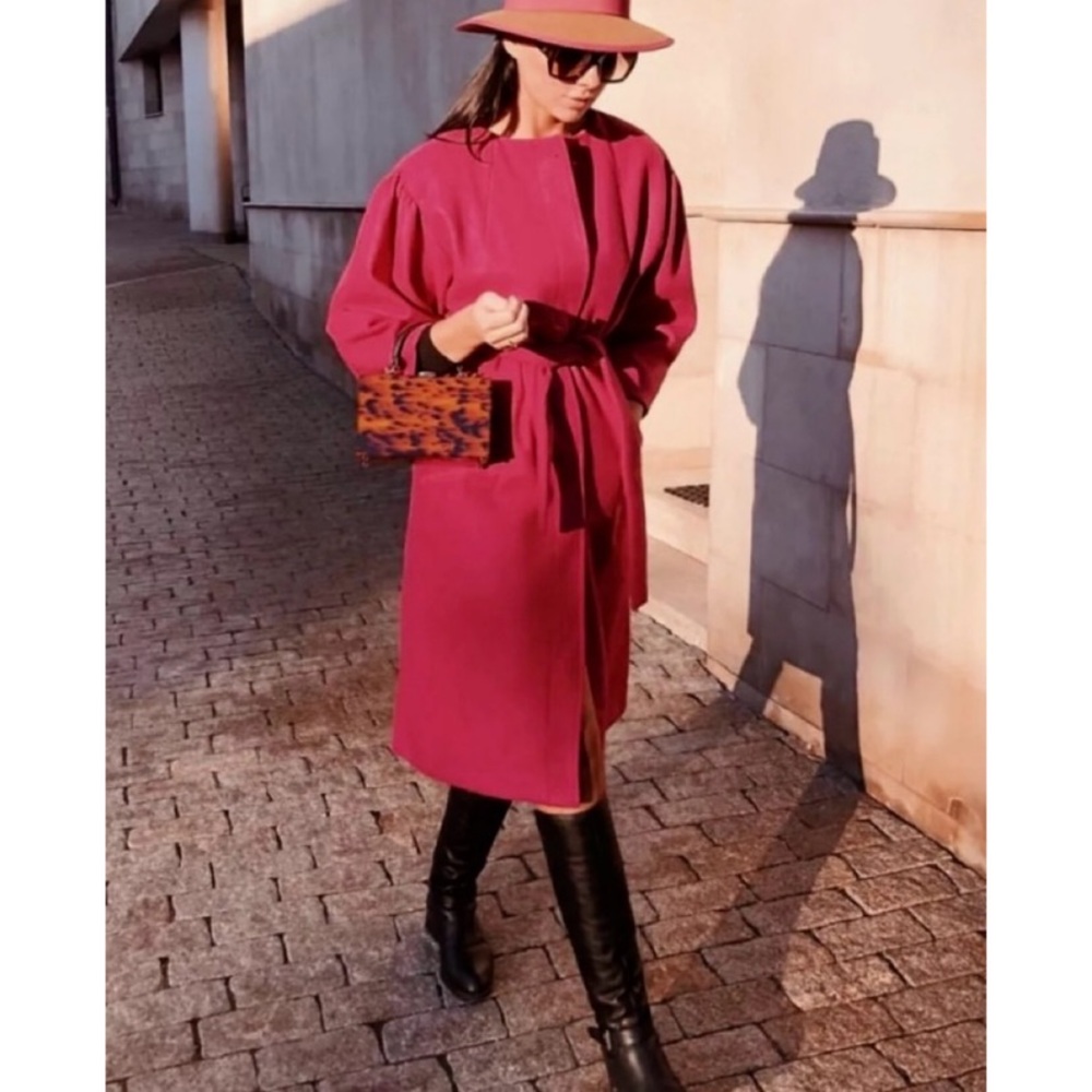 Zara puff sleeve wool blend belted coat fuchsia pink